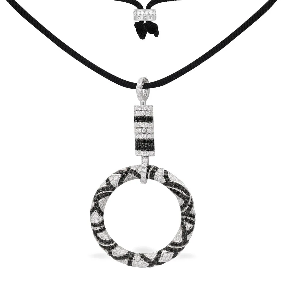 Black & white circle pendant adjustable nylon necklace - silver