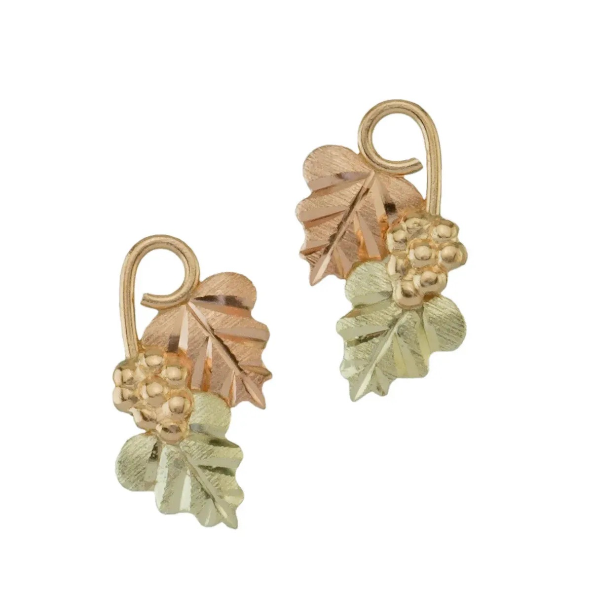 Black Hills Gold Double Leaf Earrings 10K Grape Cluster with 12K Rose and Green Gold Leaves On A Post