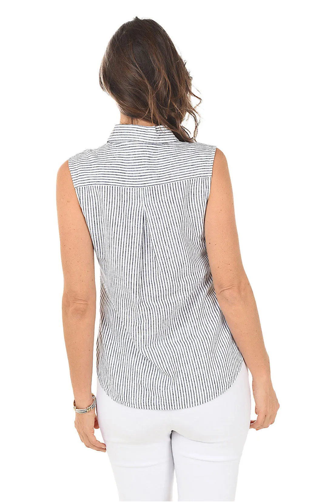 Black Linen-Blend Striped Sleeveless Blouse