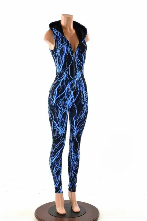 Blue Lightning Zipper Hoodie Catsuit