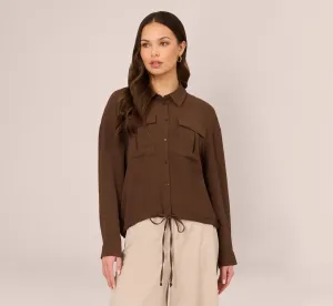 Button Up Utility Shirt With Self Tie Drawstring In Coastal Coffee