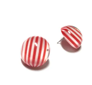 Cherry Red and White Striped Retro Button Studs Earrings