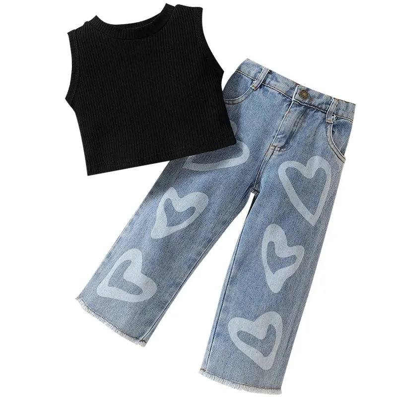 Heart Print Denim Jean Set