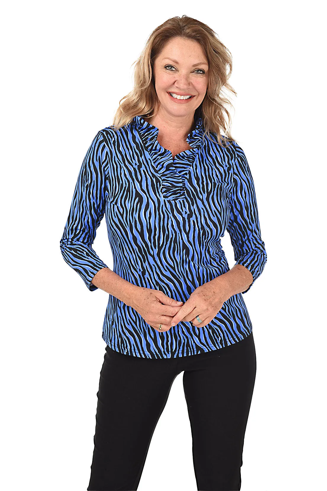 Hypnotic Zebra Ruffle Neck UPF50  Top