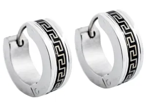 Mens 14mm Black And Stainless Steel Greek Key Hoop Earrings