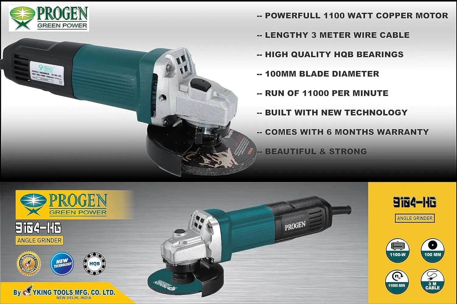 PROGEN 9104 HG 1100W, 100mm Heavy Duty Versatile Multipurpose Angle Grinder for Grinding, Cutting, Sharpening, Polishing, Removing Rust