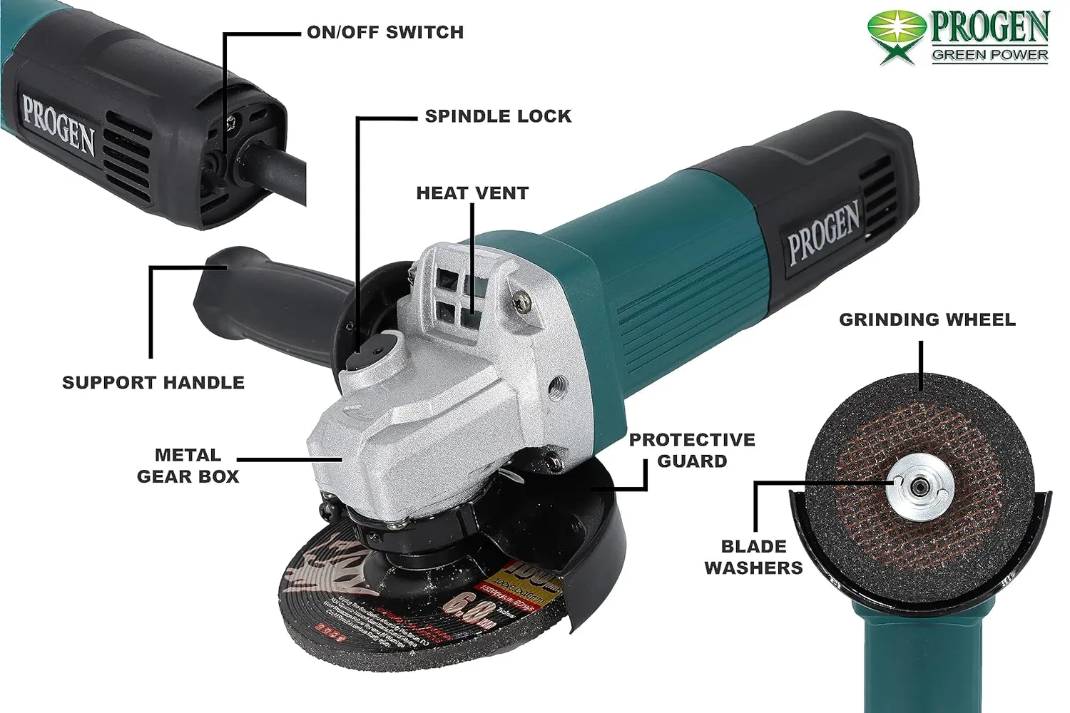 PROGEN 9104 HG 1100W, 100mm Heavy Duty Versatile Multipurpose Angle Grinder for Grinding, Cutting, Sharpening, Polishing, Removing Rust