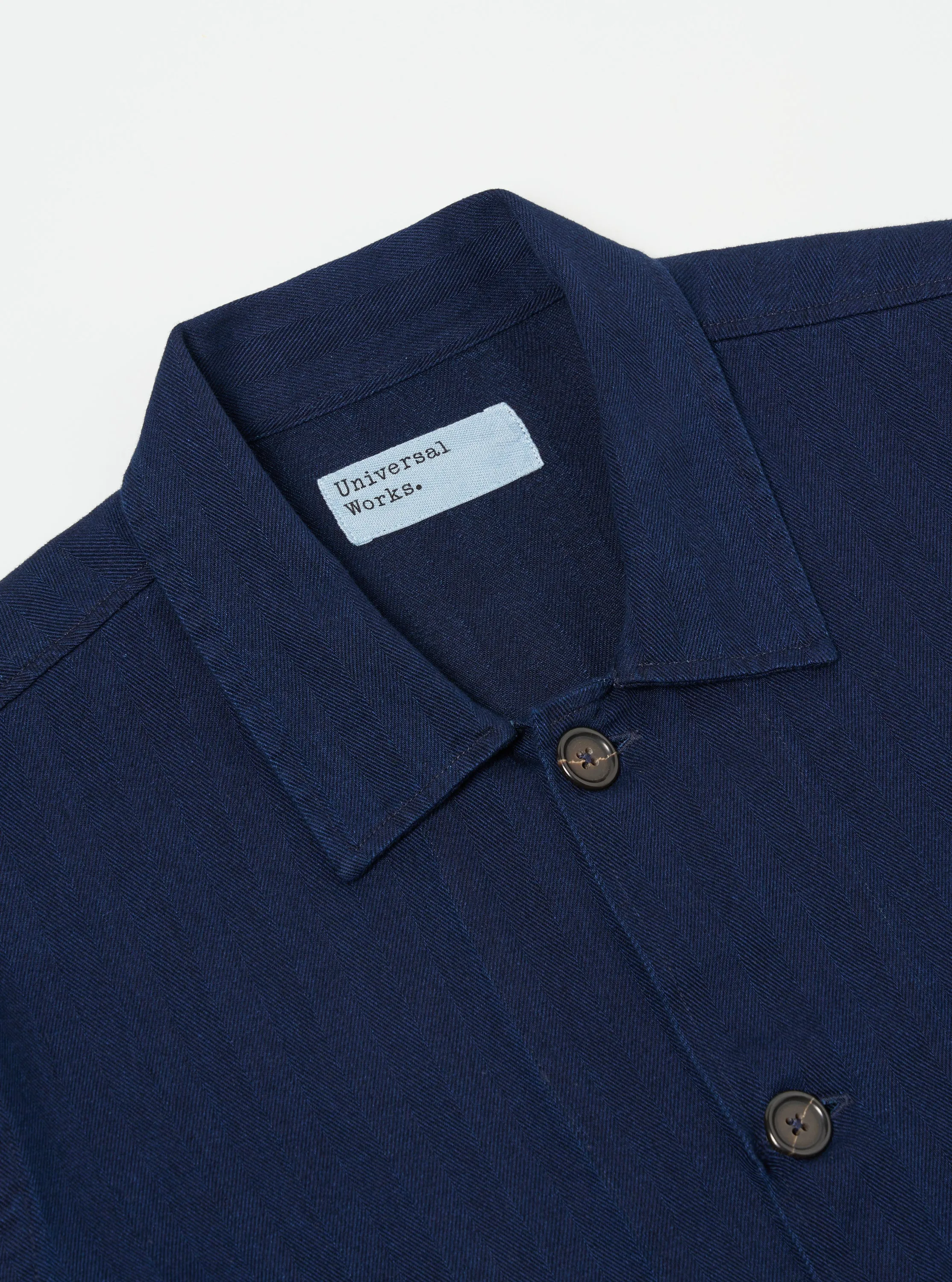 Universal Works Bakers Overshirt in Indigo Herringbone Denim