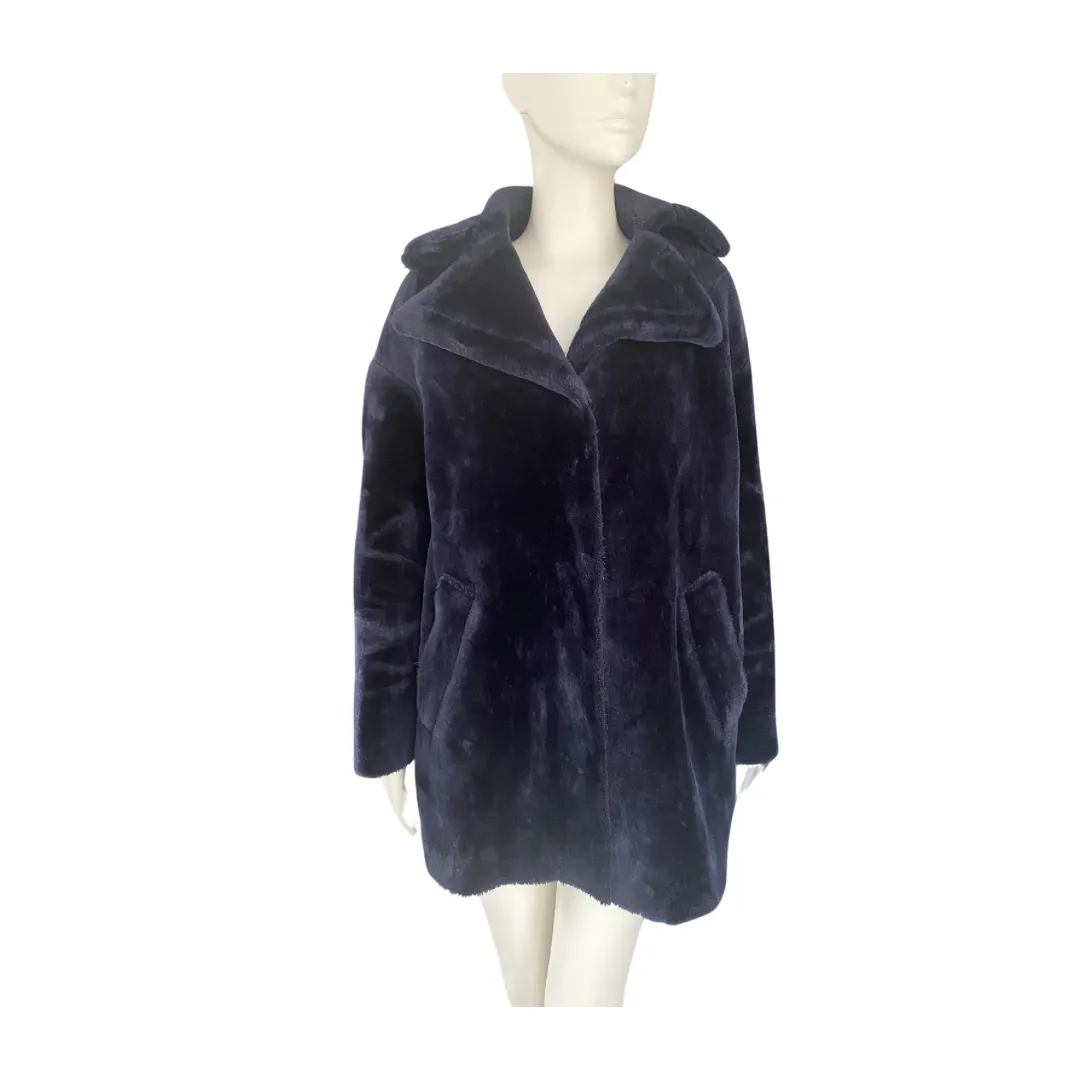 WHISTLES Faux Fur Coat Navy SIZE S