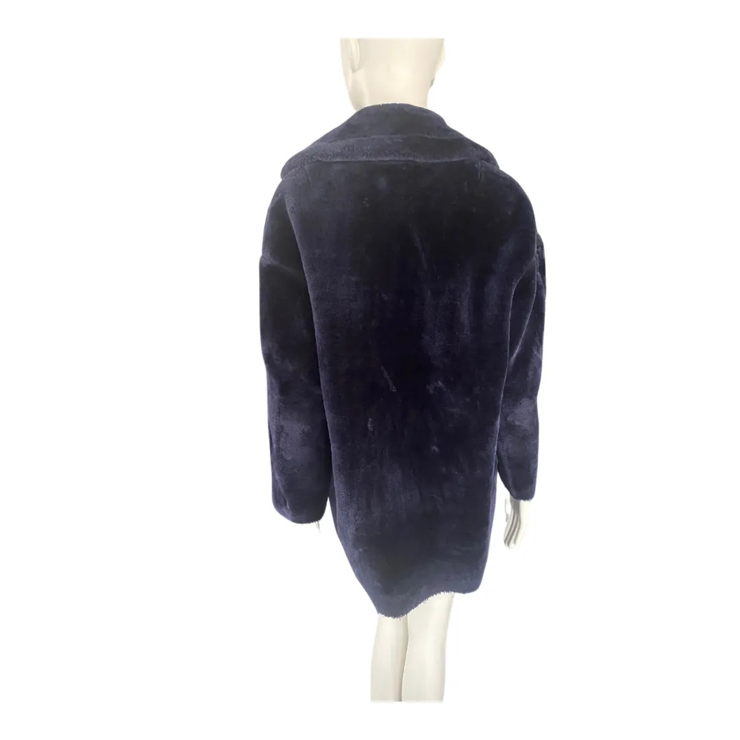 WHISTLES Faux Fur Coat Navy SIZE S