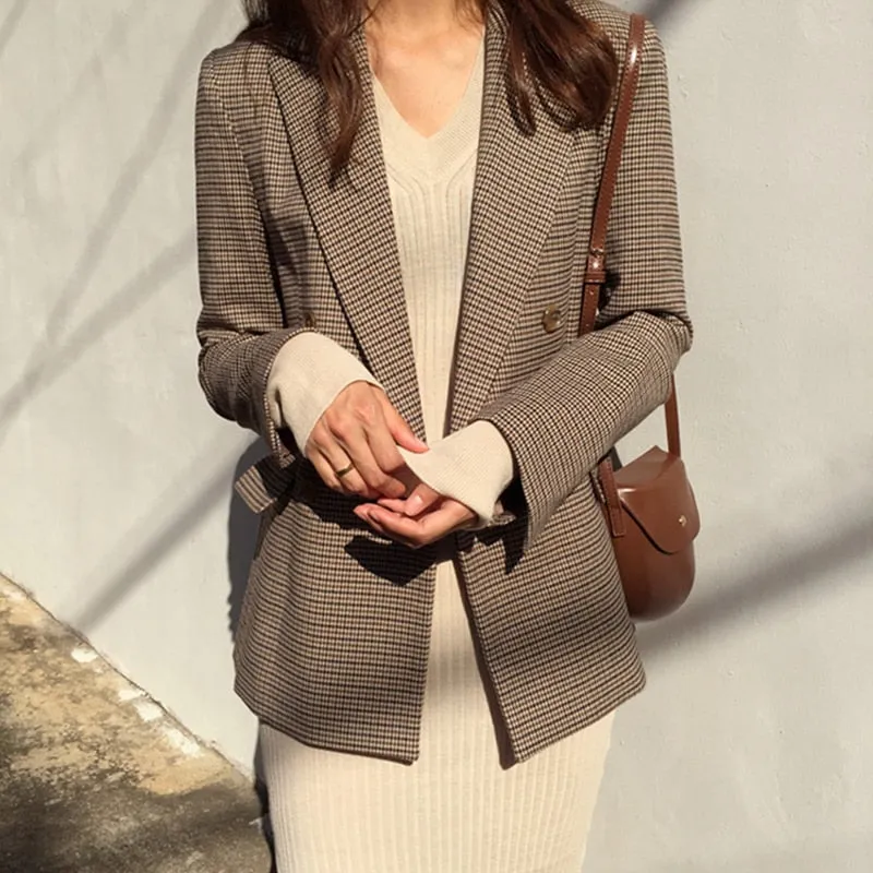 Yeknu Vintage Double Breasted Office Ladies Plaid Blazer Long Loose Jacket Houndstooth Suit Coat Jacket Women blazers Female